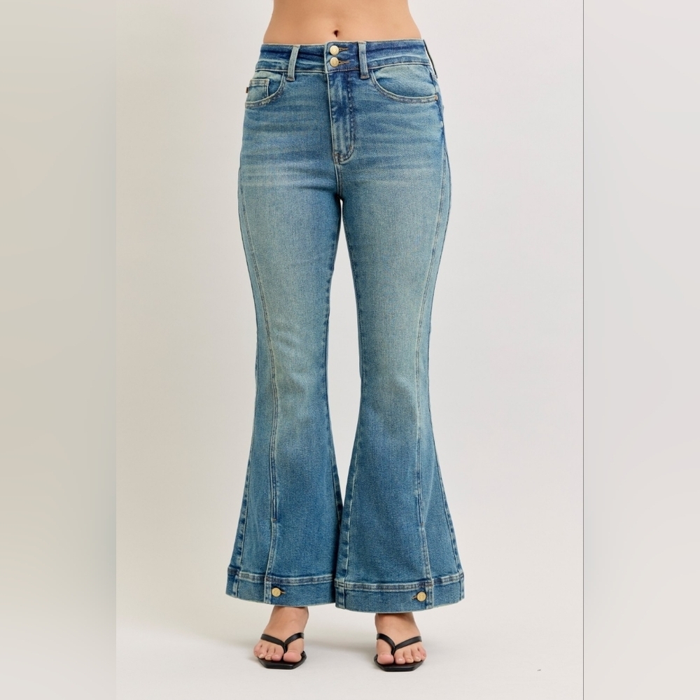 Judy Blue HR Vintage Wash Flare Jeans Seam Hem Detail Double Button Various NEW - Picture 2 of 10